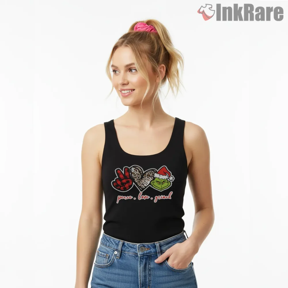 Peace Love Grinch Icon Christmas Shirt on black tank top for women graphic tee