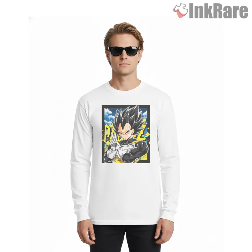 Peace Sign Vegeta Street Art Shirt on white long sleeve shirt for men graphic tee