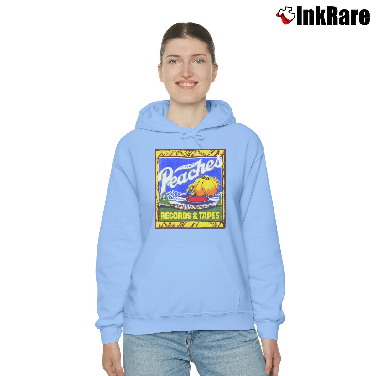 Women’s Peaches Records And Tapes Retro 1970s Cozy Hoodie in light blue | Warm, Structured, Stylish