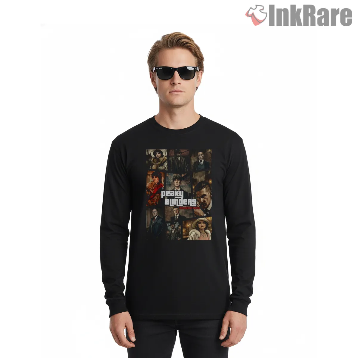 Peaky Blinders Character Grid Birmingham Stories Shirt on black long sleeve shirt for men graphic tee