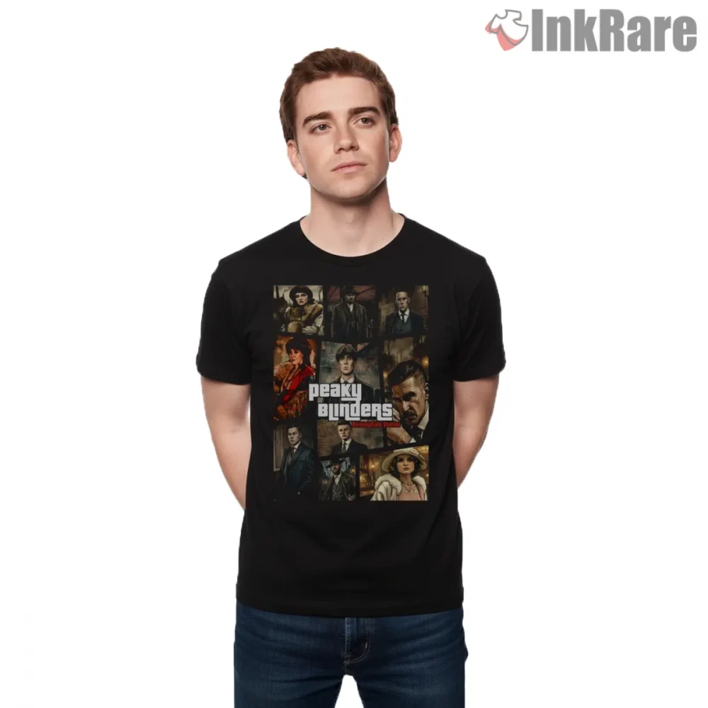 Peaky Blinders Character Grid Birmingham Stories Shirt on black short sleeve shirt for men graphic tee