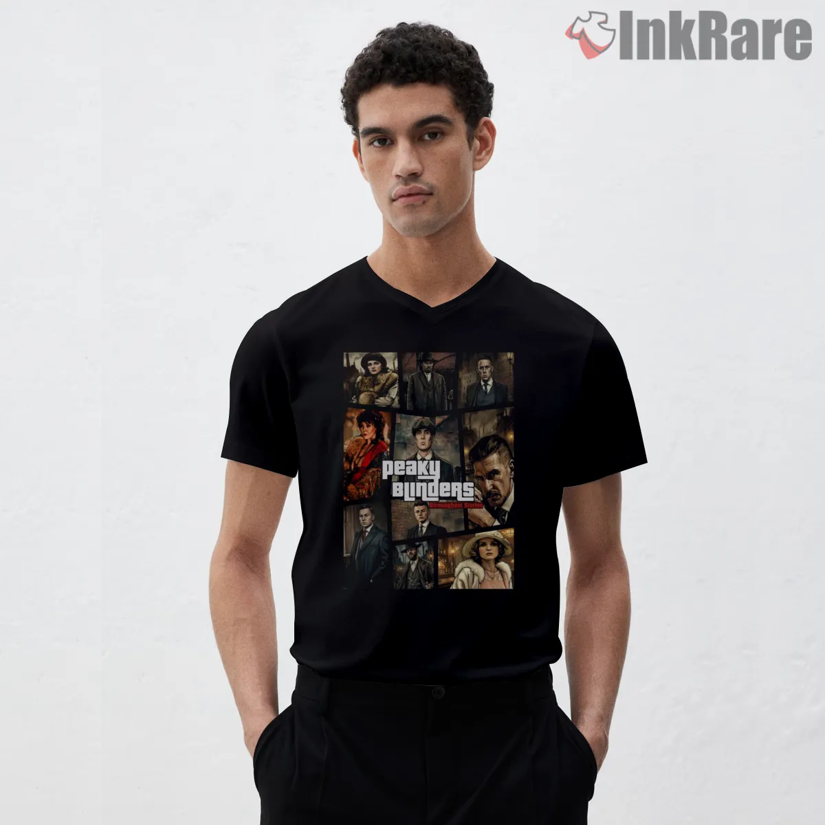 Peaky Blinders Character Grid Birmingham Stories V Neck Black Peaky Blinders Character Grid Birmingham Stories Shirt on black v-neck shirt for men graphic tee