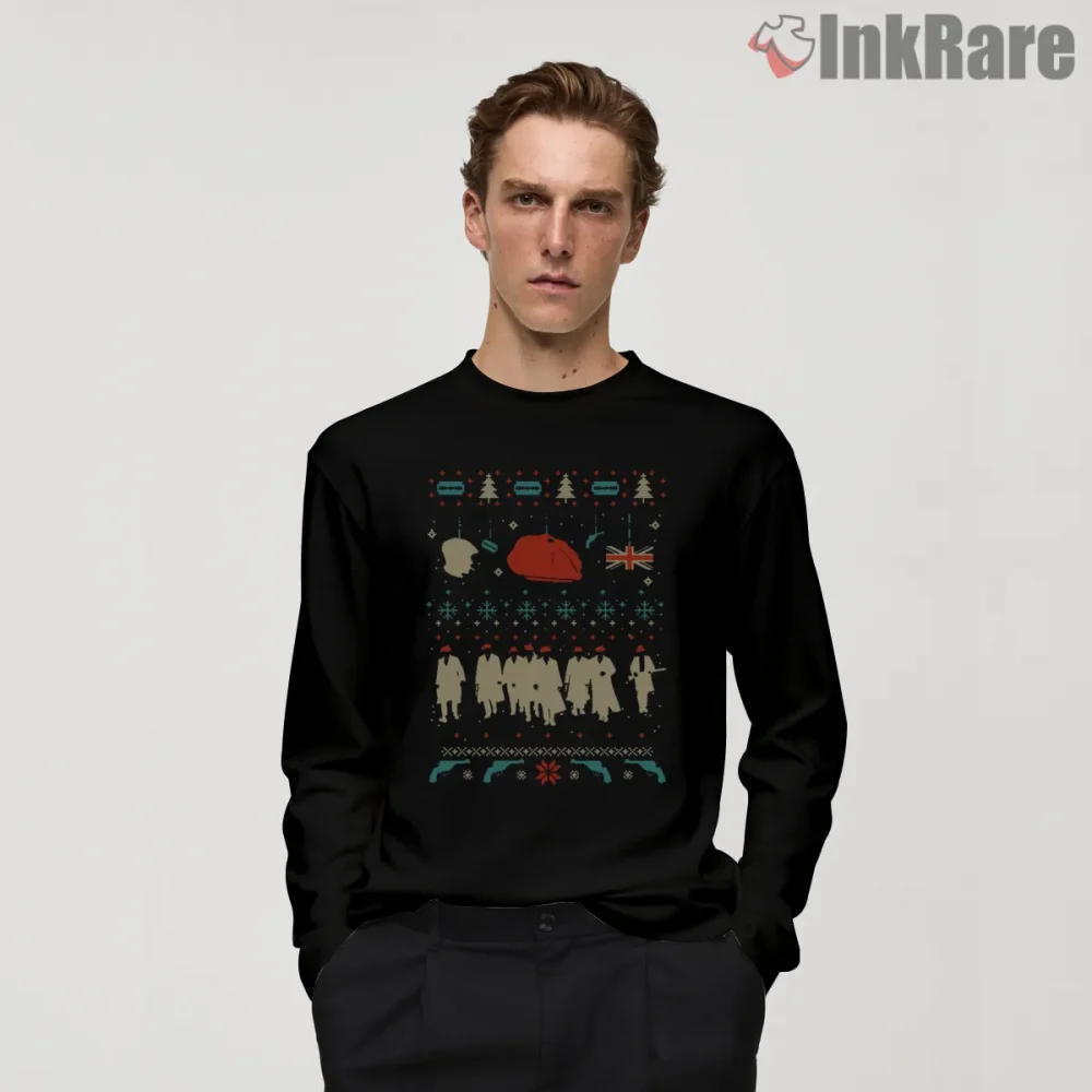 Peaky Blinders Christmas Pattern Character Lineup Shirt on black long sleeve shirt for men graphic tee