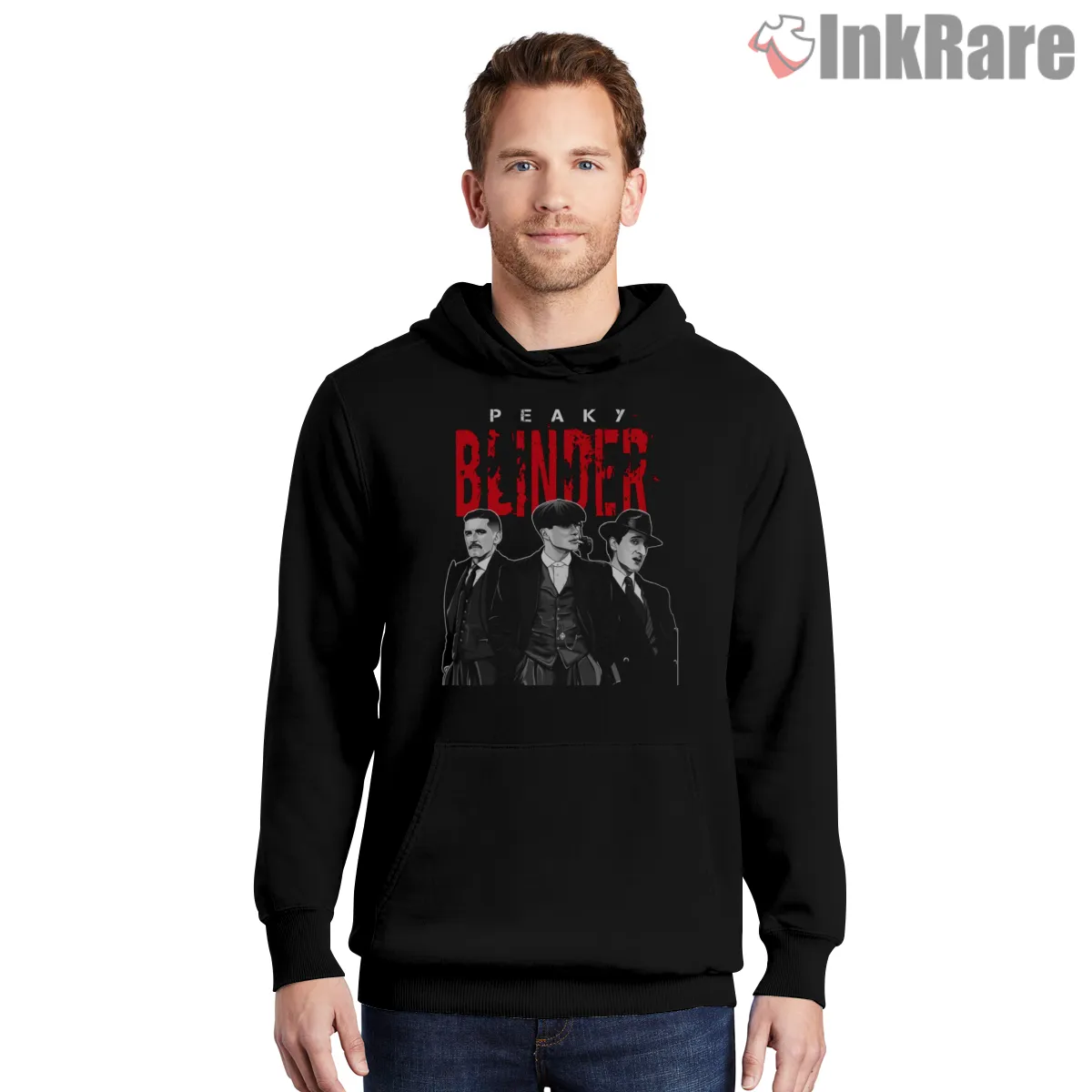 Peaky Blinders Red Title Character Trio Graphic Shirt on black hoodie for men graphic tee