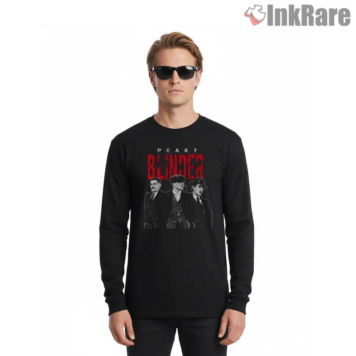 Peaky Blinders Red Title Character Trio Graphic Long Sleeve Black Peaky Blinders Red Title Character Trio Graphic Shirt on black long sleeve shirt for men graphic tee