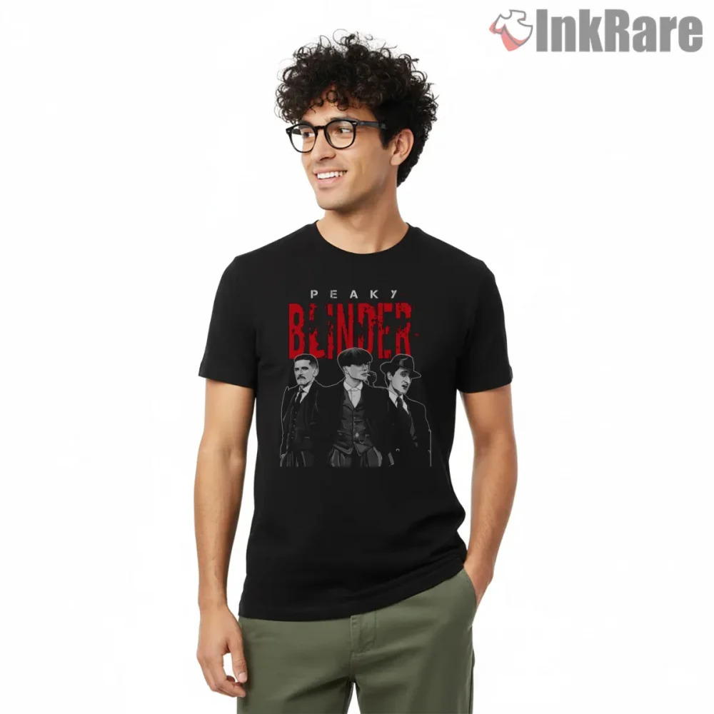 Peaky Blinders Red Title Character Trio Graphic Shirt on black short sleeve shirt for men graphic tee