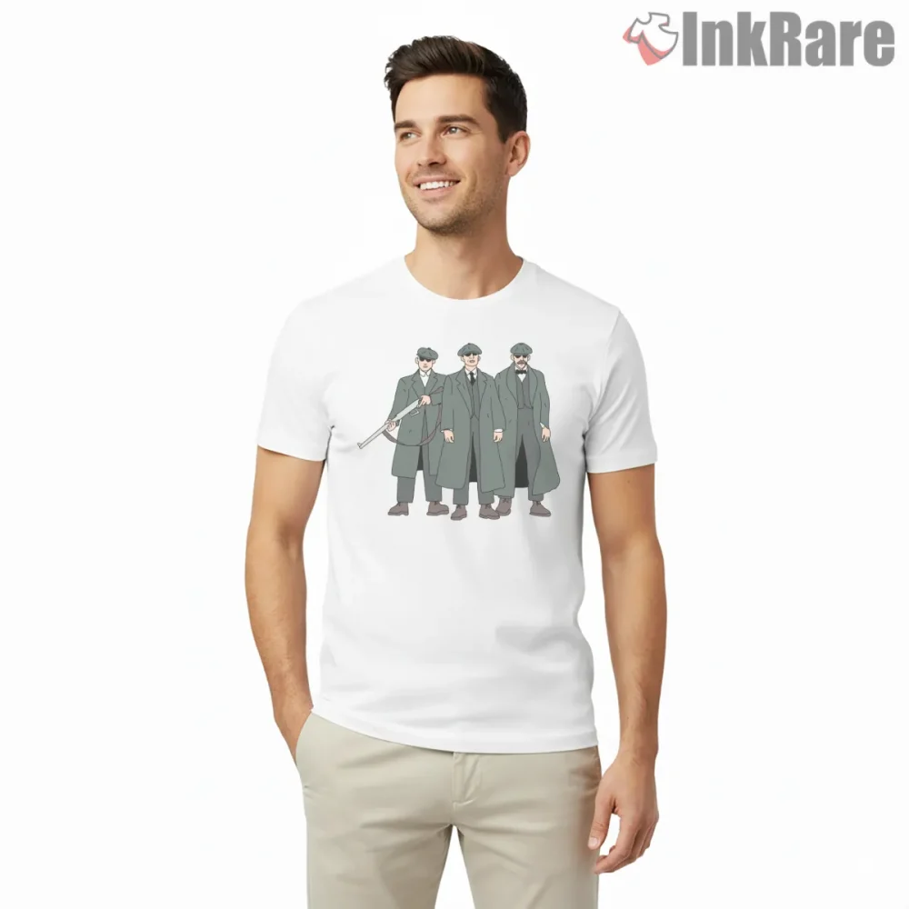 Peaky Blinders Trio Minimal Gang Lineup Cartoon Shirt on white short sleeve shirt for men graphic tee