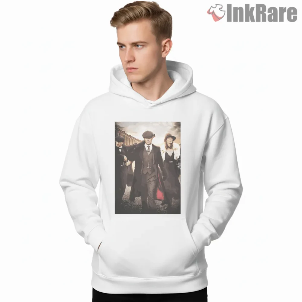 Peaky Blinders Walking Gang Cinematic Scene Shirt on white hoodie for men graphic tee
