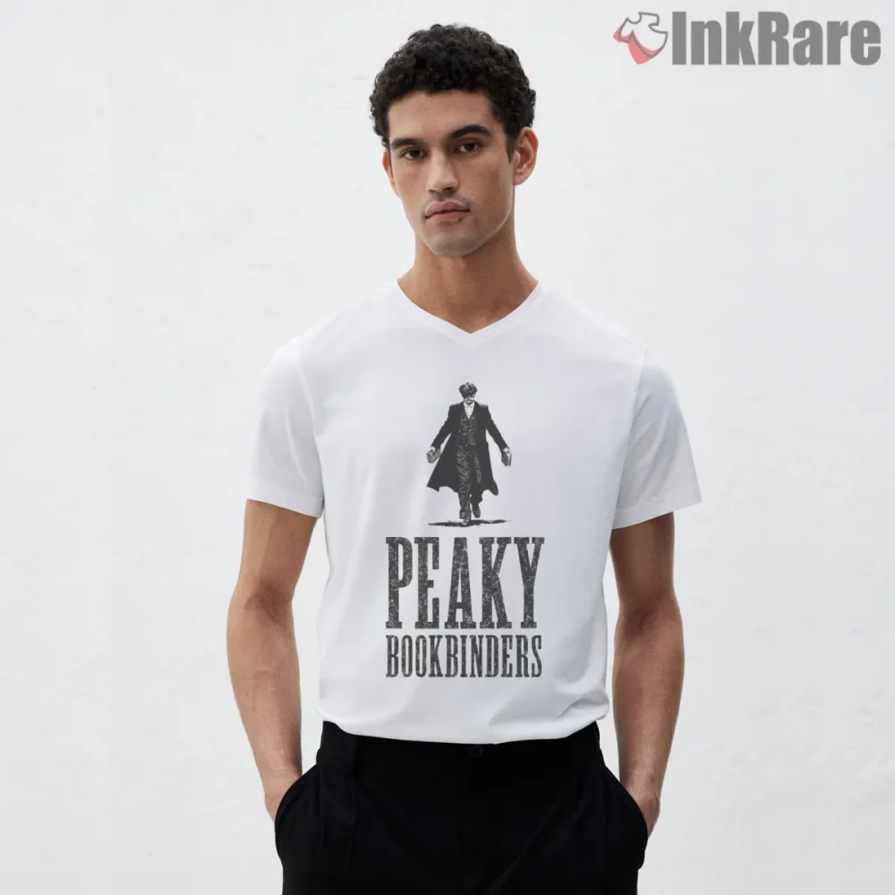 Peaky Bookbinders Vintage Gangster Typography Shirt on white v-neck shirt for men graphic tee