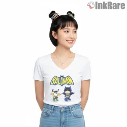 Peanuts Baldman And Robin Parody Shirt on white v-neck shirt for women graphic tee