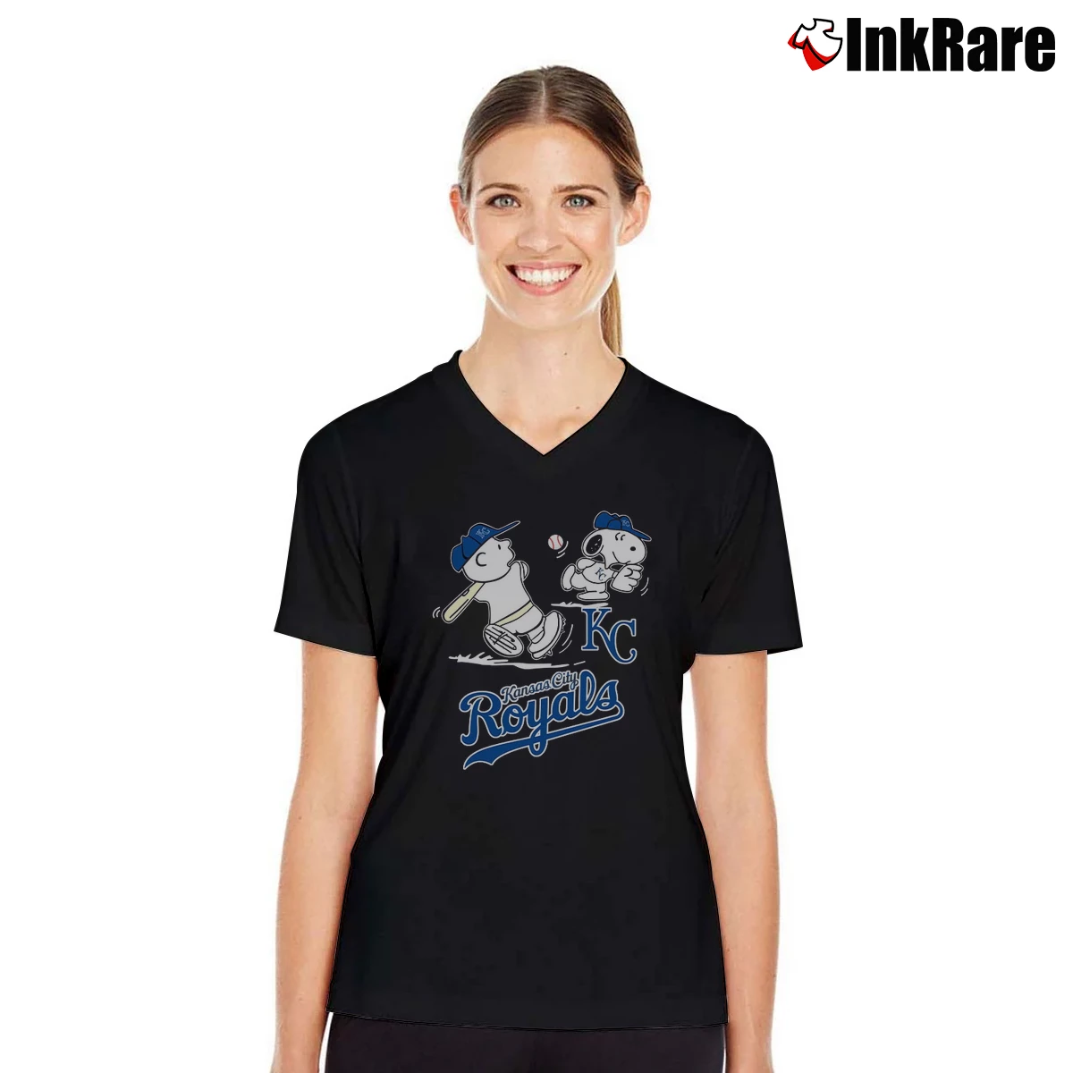 Peanuts Charlie Brown And Snoopy Playing Baseball Kansas City Royals Women’s V-Neck Tee in black – Flattering Fit Women’s Peanuts Charlie Brown And Snoopy Playing Baseball Kansas City Royals V-Neck Tee in black | Chic Neckline, Soft Texture