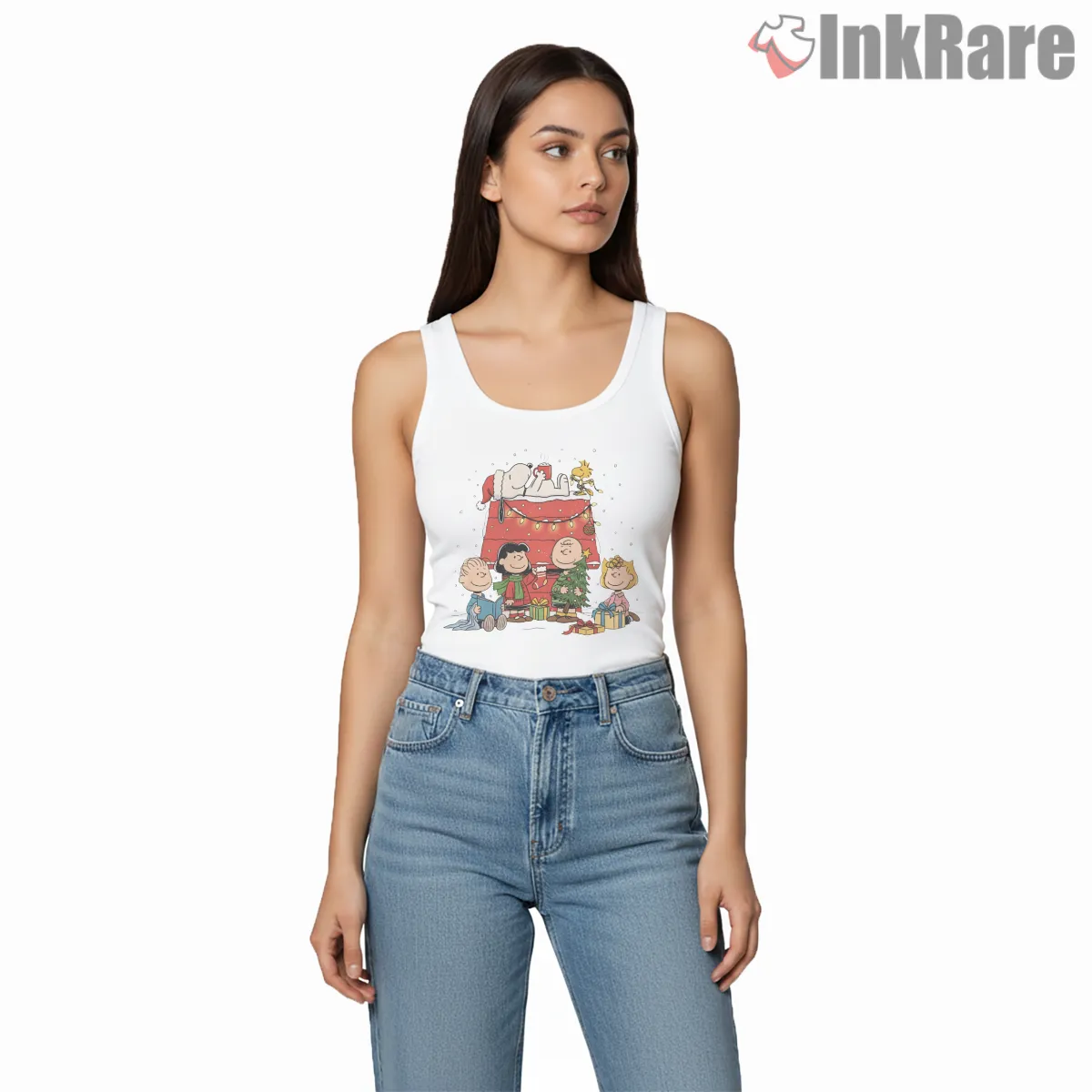 Peanuts Christmas Crew Charlie Brown And Snoopy Tank Top White Peanuts Christmas Crew Charlie Brown And Snoopy Shirt on white tank top for women graphic tee