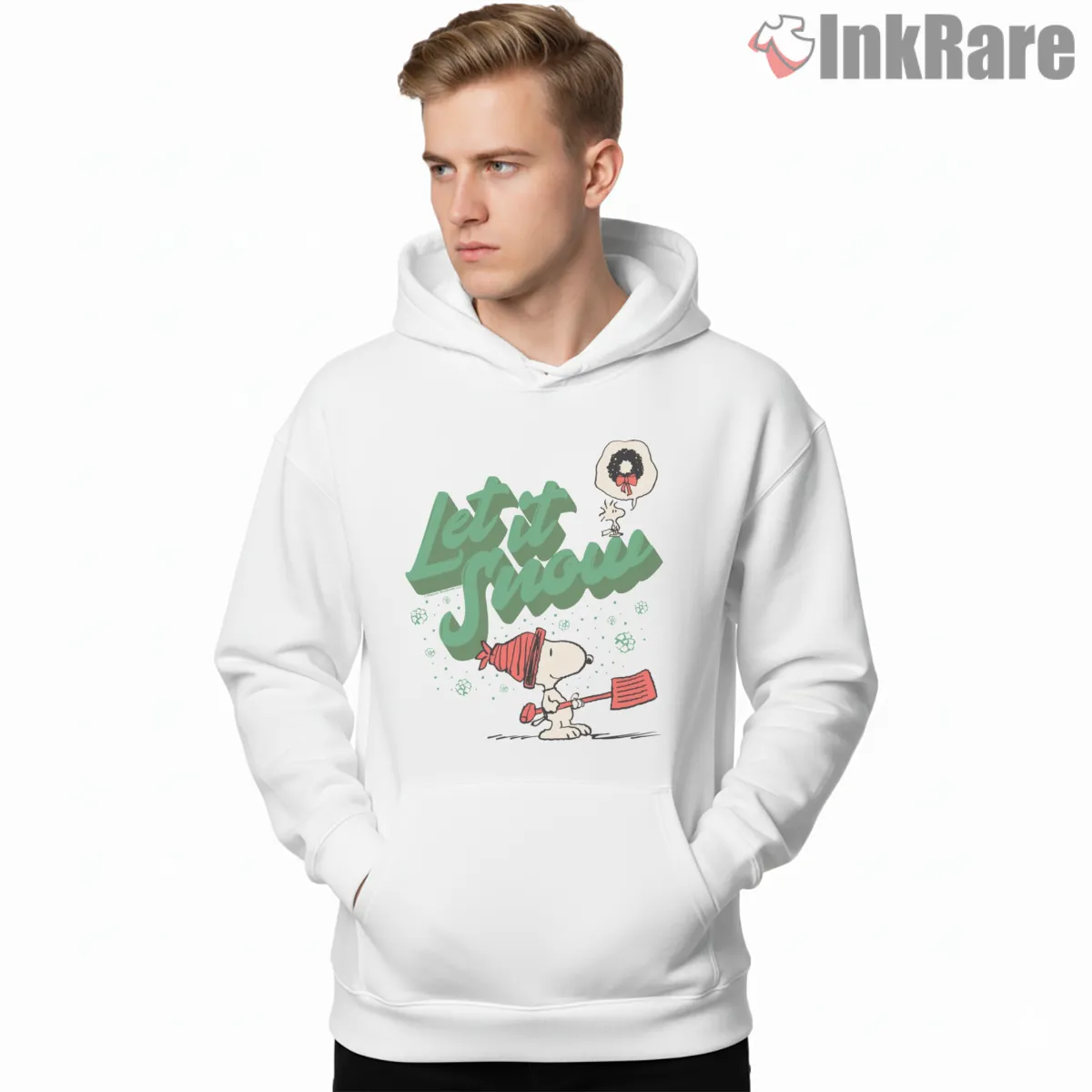 Peanuts Christmas Let It Snow Snoopy Shirt on white hoodie for men graphic tee