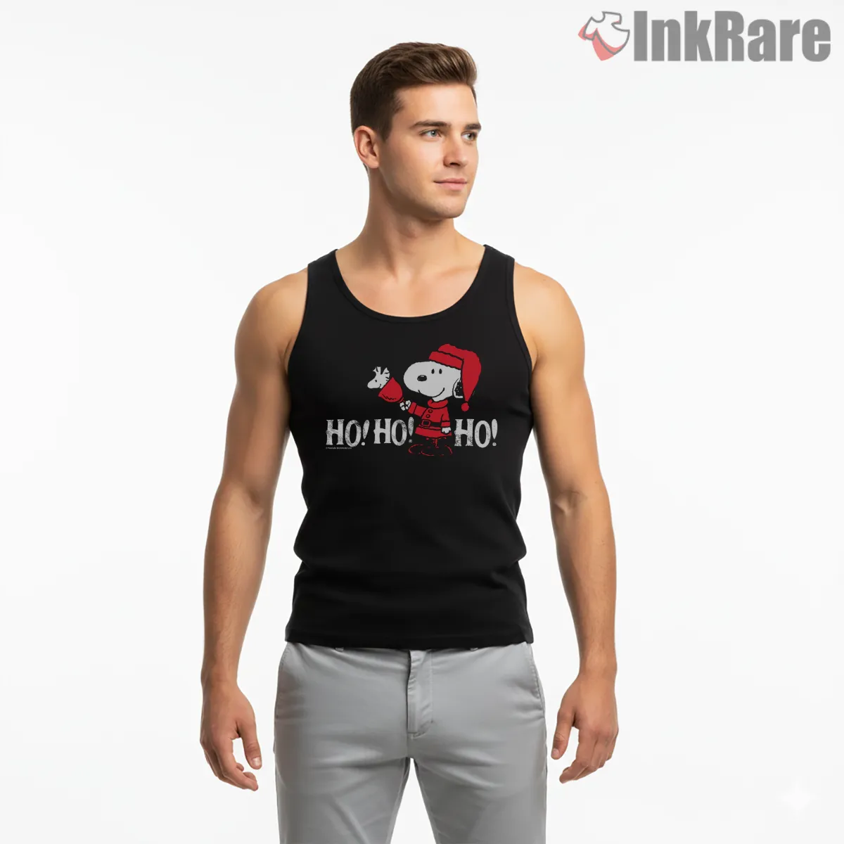 Peanuts Christmas Snoopy In Santa Suit Ho Ho Ho Tank Top Black Peanuts Christmas Snoopy In Santa Suit Ho Ho Ho Shirt on black tank top for men graphic tee