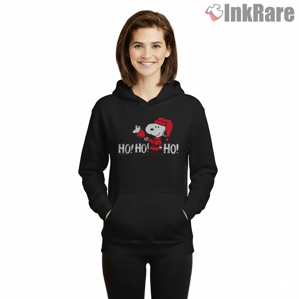 Peanuts Christmas Snoopy In Santa Suit Ho Ho Ho Shirt on black hoodie for women graphic tee