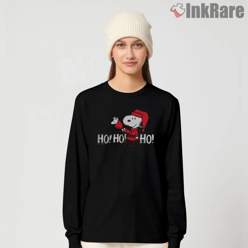 Peanuts Christmas Snoopy In Santa Suit Ho Ho Ho Shirt on black long sleeve shirt for women graphic tee