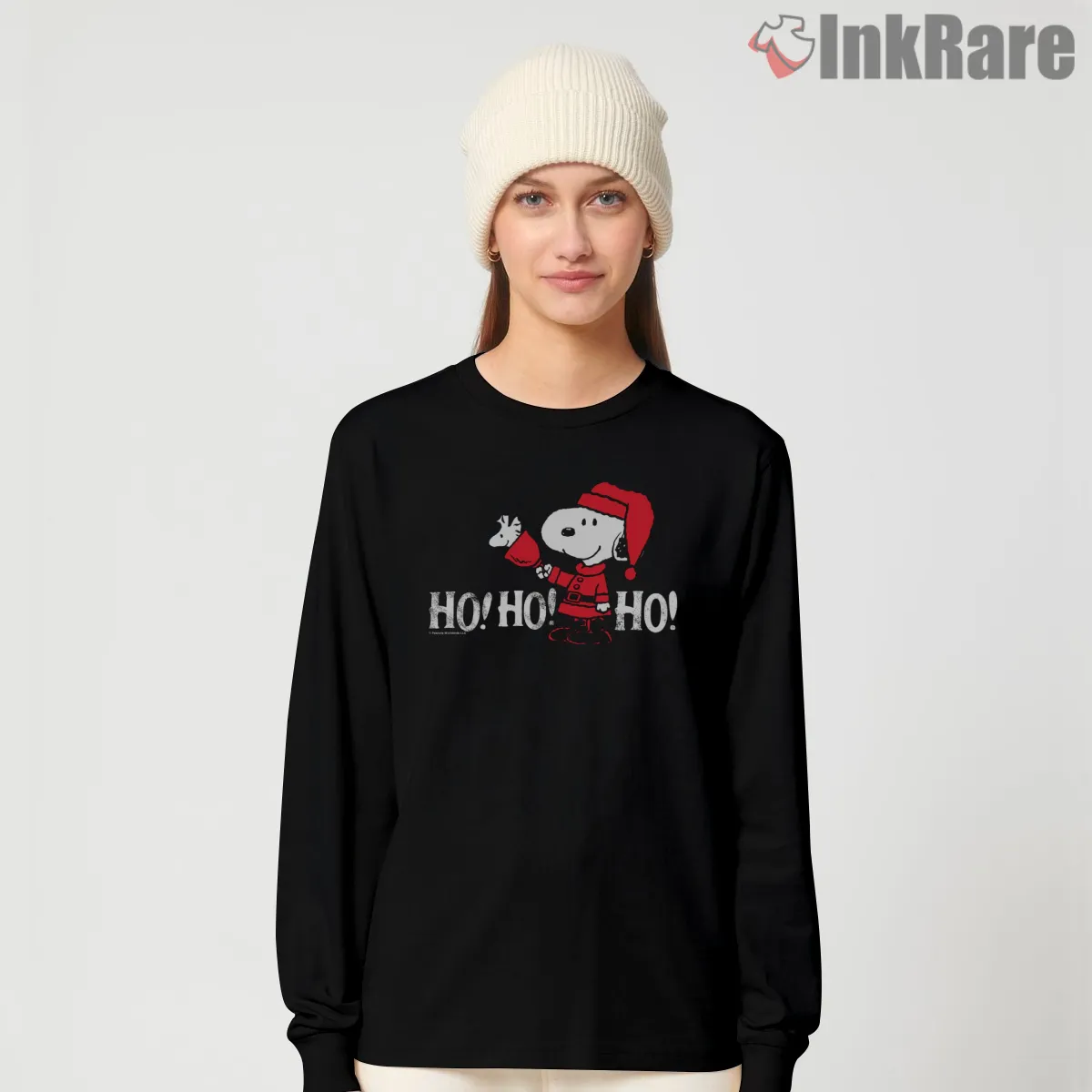 Peanuts Christmas Snoopy In Santa Suit Ho Ho Ho Long Sleeve Black Peanuts Christmas Snoopy In Santa Suit Ho Ho Ho Shirt on black long sleeve shirt for women graphic tee
