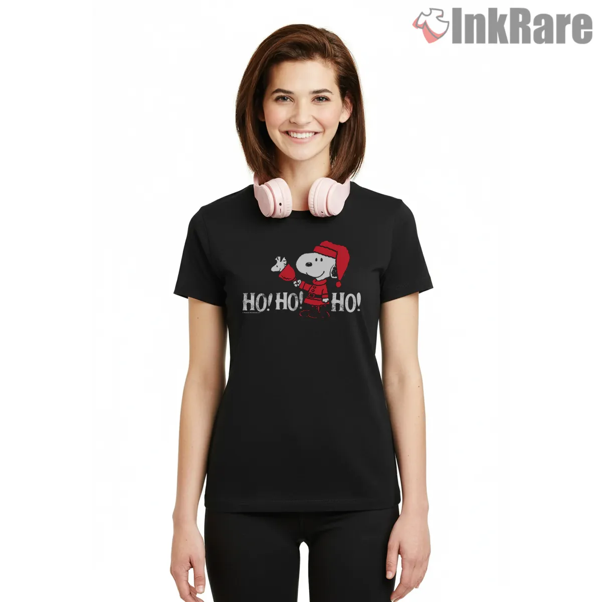 Peanuts Christmas Snoopy In Santa Suit Ho Ho Ho Short Sleeve Black Peanuts Christmas Snoopy In Santa Suit Ho Ho Ho Shirt on black short sleeve shirt for women graphic tee