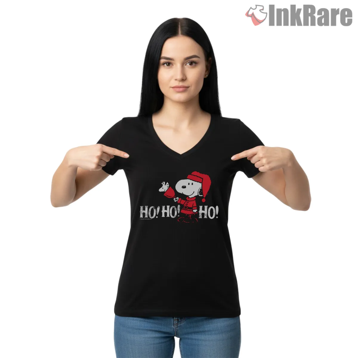 Peanuts Christmas Snoopy In Santa Suit Ho Ho Ho V Neck Black Peanuts Christmas Snoopy In Santa Suit Ho Ho Ho Shirt on black v-neck shirt for women graphic tee