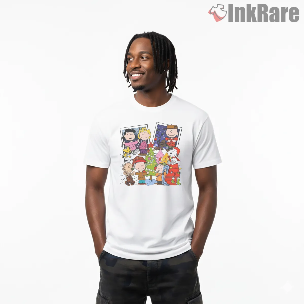 Peanuts Classic Christmas Gang Short Sleeve White Peanuts Classic Christmas Gang Shirt on white short sleeve shirt for men graphic tee