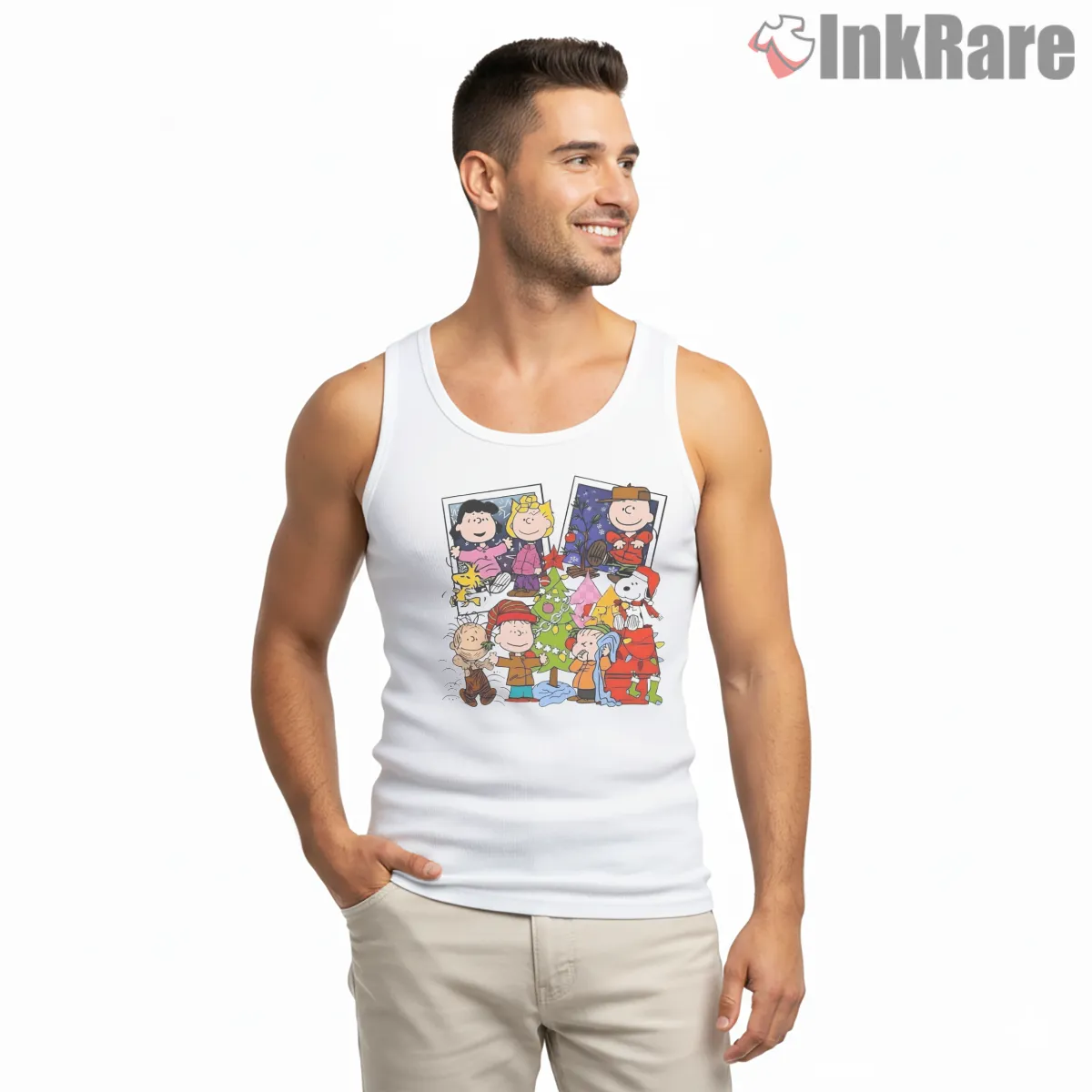 Peanuts Classic Christmas Gang Tank Top White Peanuts Classic Christmas Gang Shirt on white tank top for men graphic tee