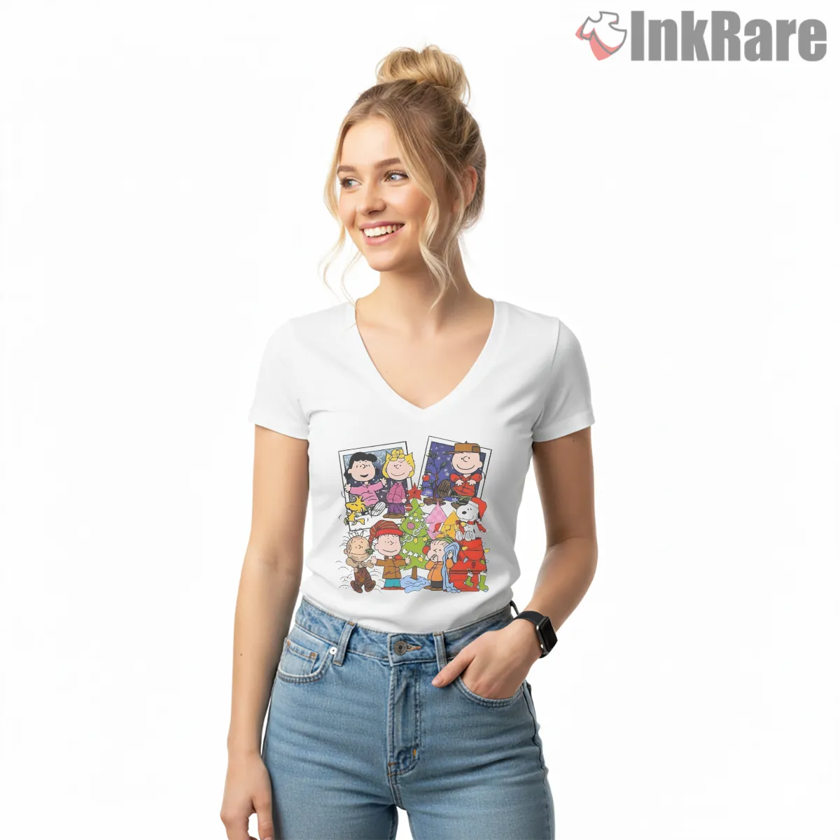 Peanuts Classic Christmas Gang Shirt on white v-neck shirt for women graphic tee