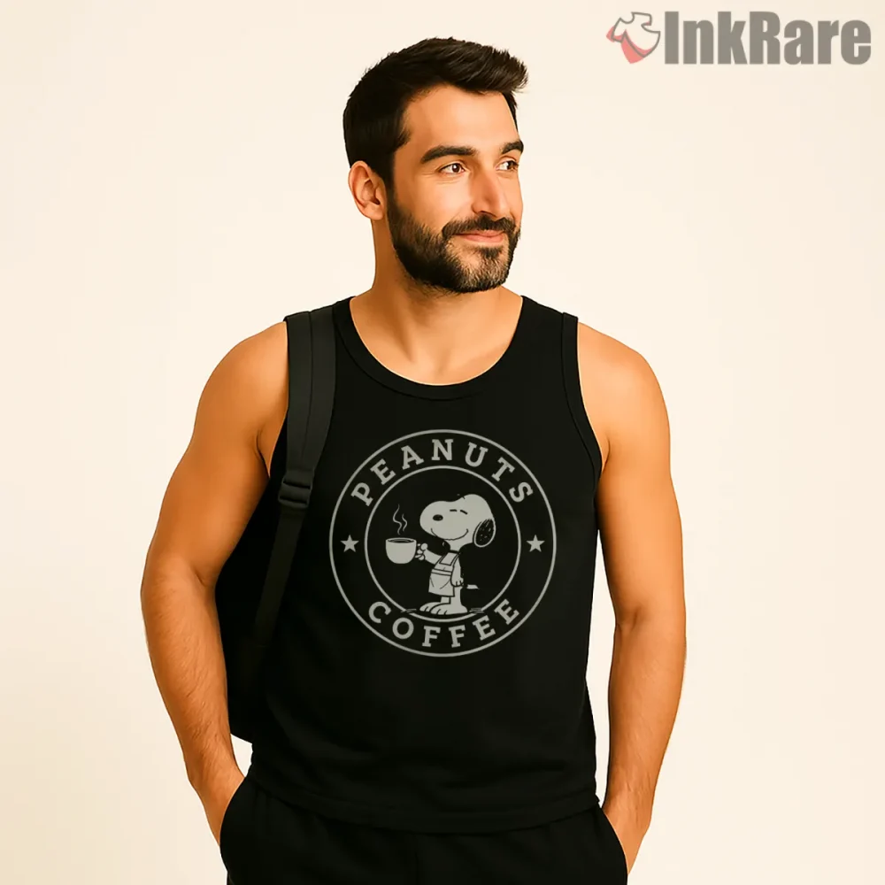 Peanuts Coffee Snoopy Vintage Cafe Logo Shirt on black tank top for men graphic tee