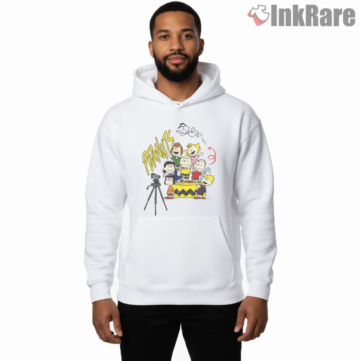 Peanuts Gang Camera Moment Hoodie White Peanuts Gang Camera Moment Shirt on white hoodie for men graphic tee