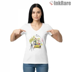 Peanuts Gang Camera Moment Shirt on white v-neck shirt for women graphic tee