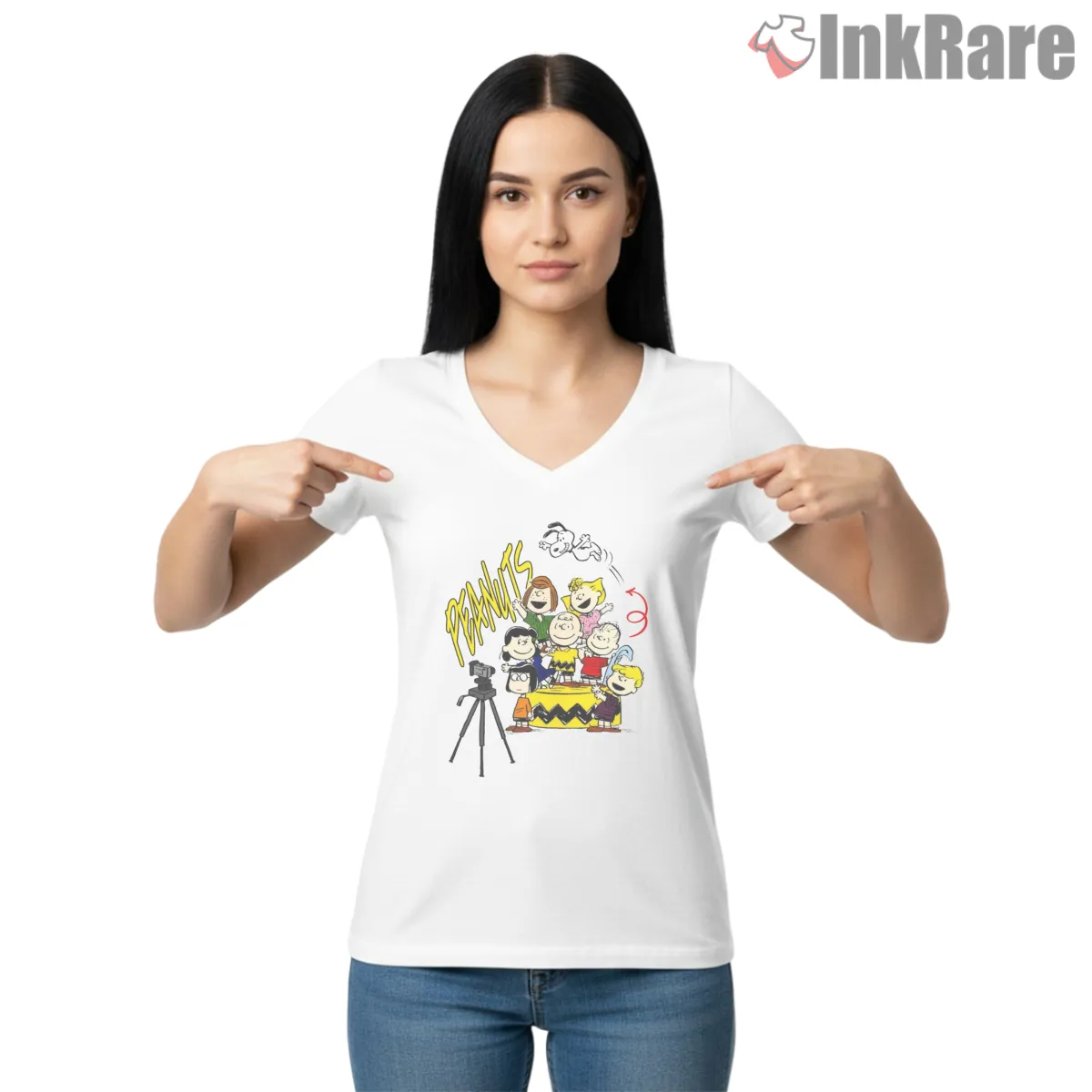 Peanuts Gang Camera Moment V Neck White Peanuts Gang Camera Moment Shirt on white v-neck shirt for women graphic tee