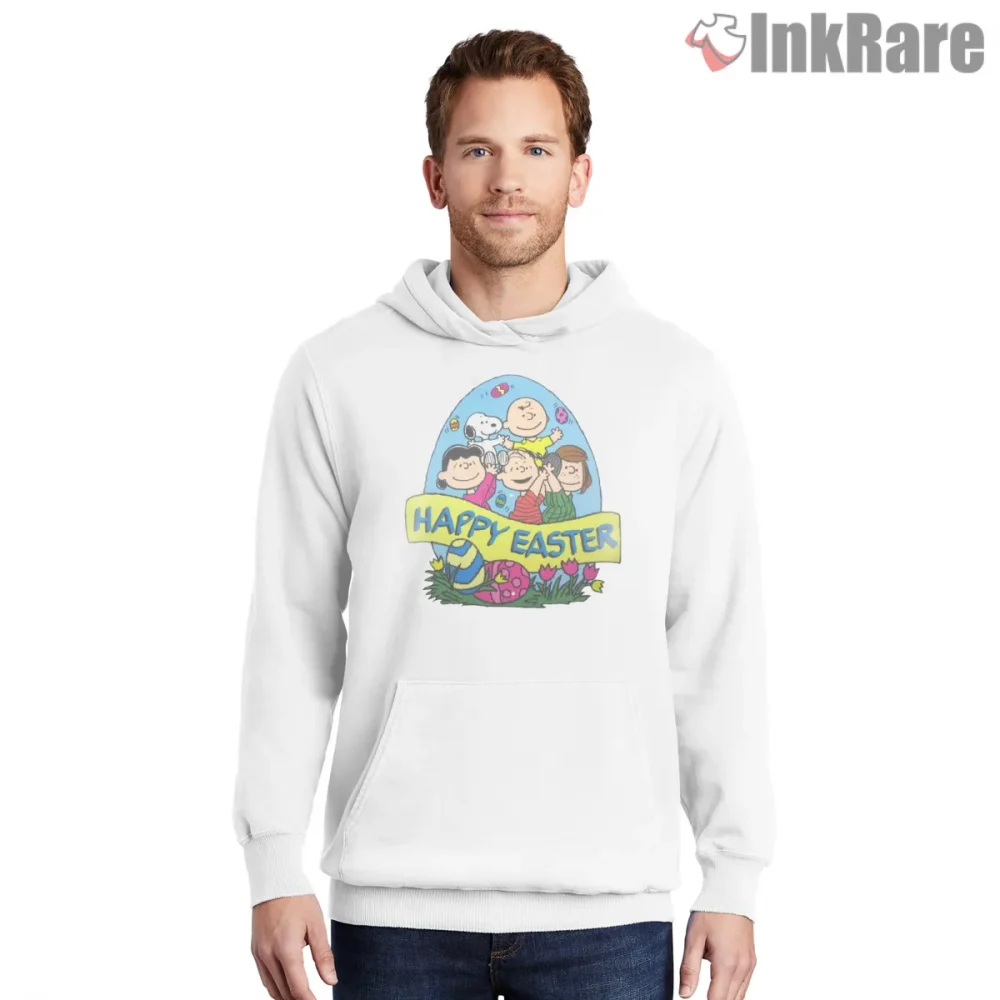 Peanuts Gang Happy Easter Celebration Shirt on white hoodie for men graphic tee