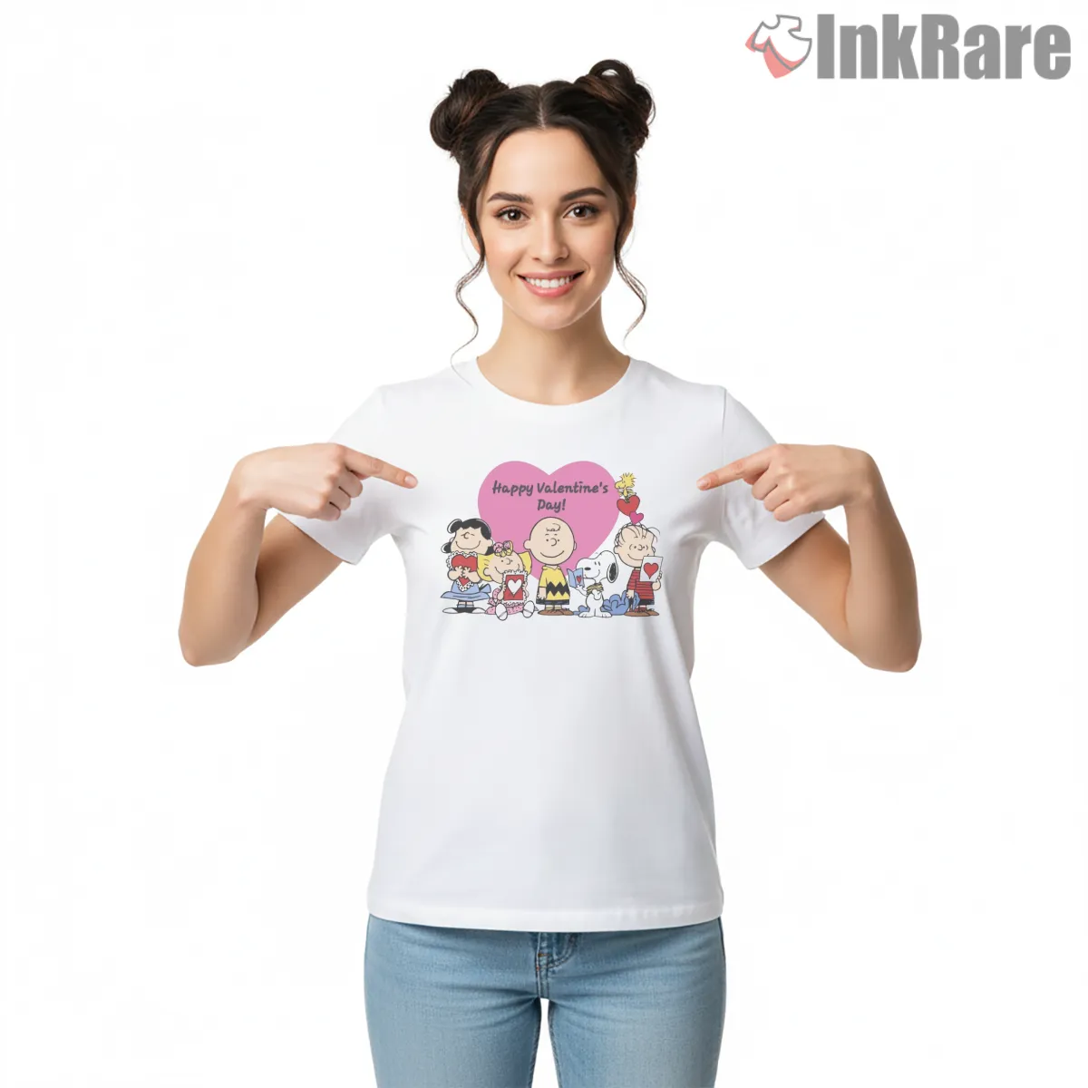 Peanuts Gang Happy Valentines Heart Celebration Shirt on white short sleeve shirt for women graphic tee