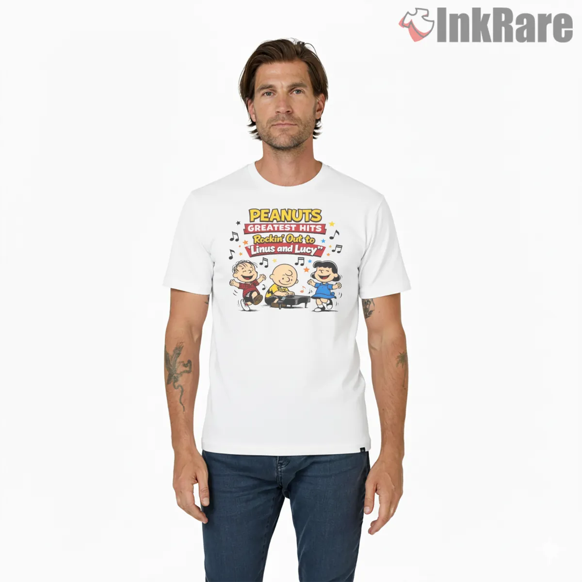 Peanuts Greatest Hits Linus And Lucy Music Shirt on white short sleeve shirt for men graphic tee