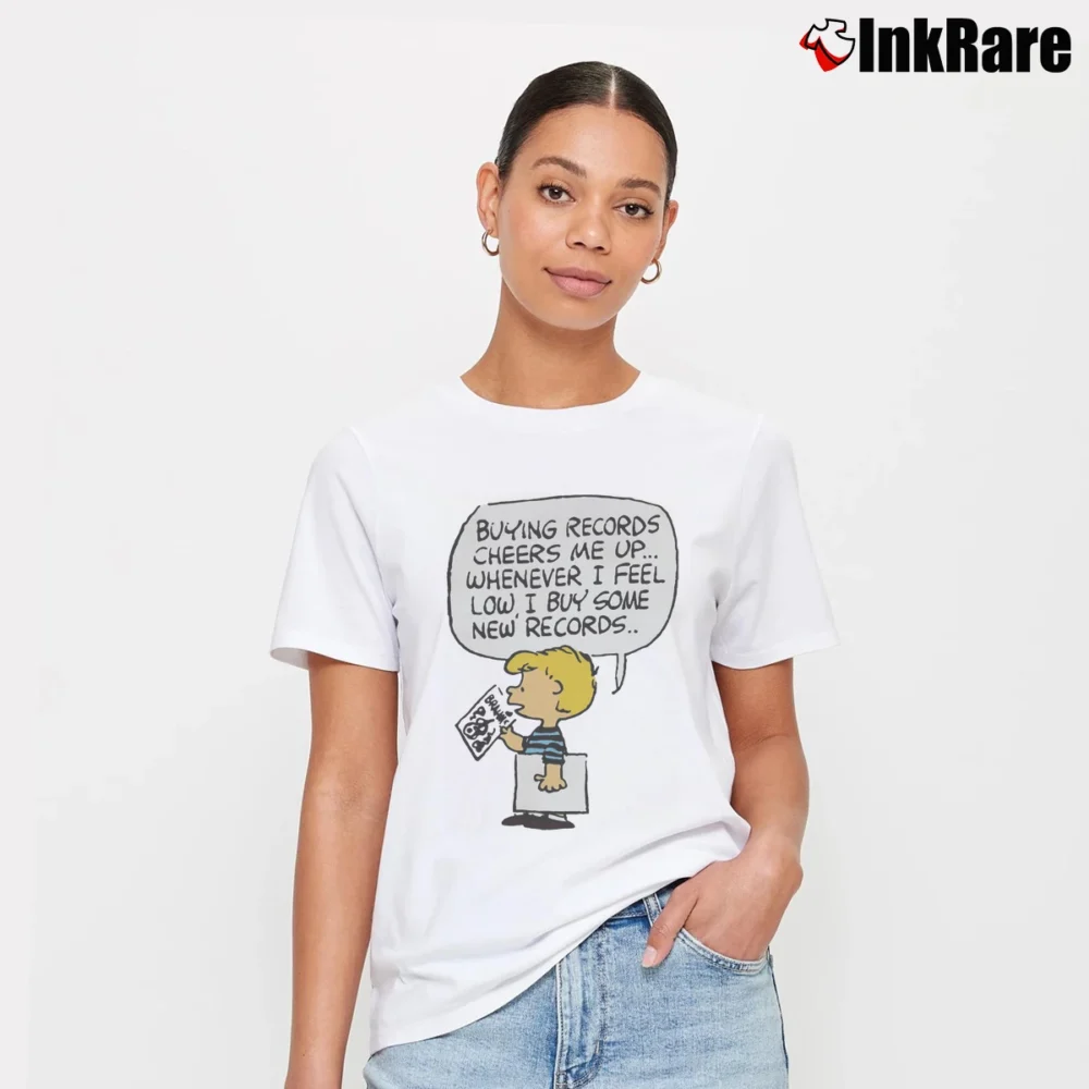 Women’s Peanuts Linus Buying Records Always Cheers Me Up I Buy More Signature T-Shirt in white | Soft, Flattering Fit