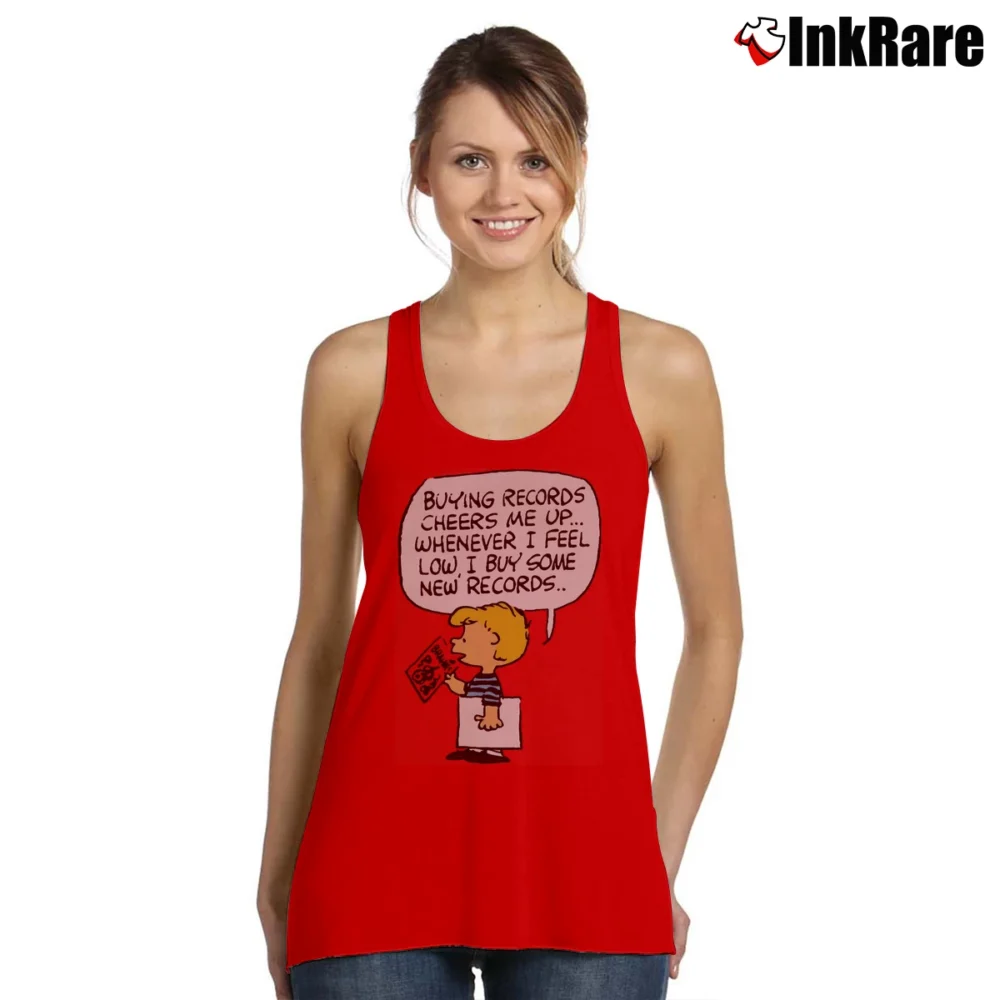 Women’s Peanuts Linus Buying Records Always Cheers Me Up I Buy More Tank Top in red | Lightweight, Movement-Friendly