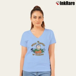 Women’s Peanuts Linus The Great Pumpkin Is Coming V-Neck Tee in light blue | Chic Neckline, Soft Texture