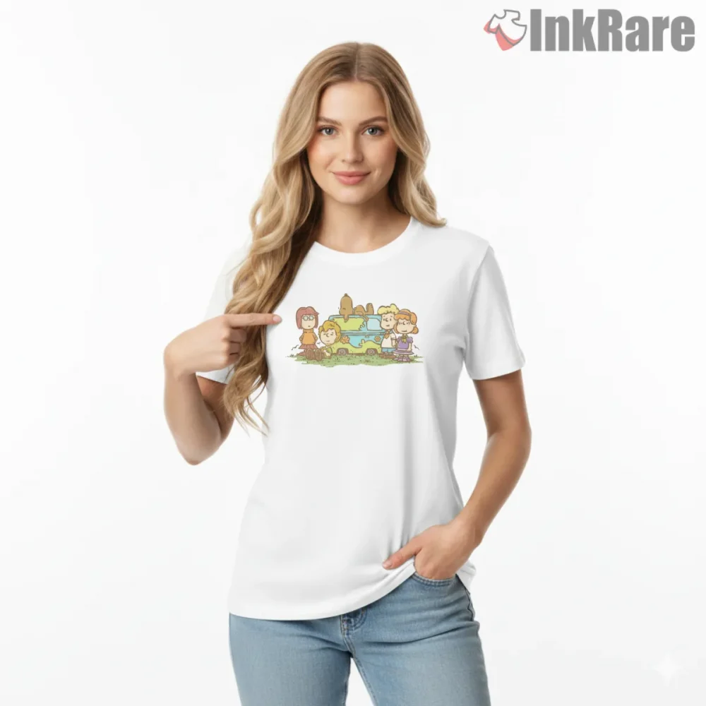 Peanuts Mystery Van Gang Parody Shirt on white short sleeve shirt for women graphic tee