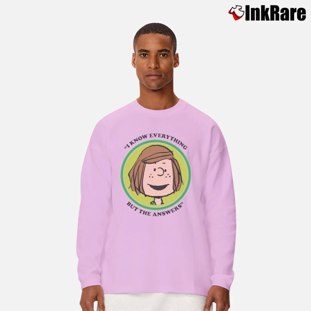 Men’s Peanuts Peppermint Patty Badge i know everything but the answers Long-Sleeve Shirt in light pink | Sleek, Lightweight, Year-Round Wear