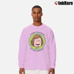 Men’s Peanuts Peppermint Patty Badge i know everything but the answers Long-Sleeve Shirt in light pink | Sleek, Lightweight, Year-Round Wear