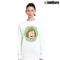 Women’s Peanuts Peppermint Patty Badge i know everything but the answers Long-Sleeve Top in white | Sleek, Versatile, All-Season