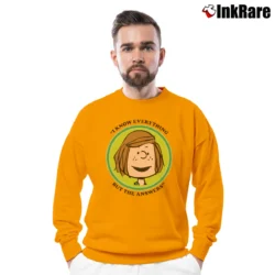 Men’s Peanuts Peppermint Patty Badge i know everything but the answers Crewneck Sweatshirt in orange | Cozy Fabric, Clean Style