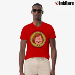 Men’s Peanuts Peppermint Patty Badge i know everything but the answers V-Neck Tee in red | Sharp, Breathable, Everyday Staple
