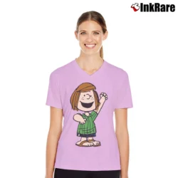 Women’s Peanuts Peppermint Patty V-Neck Tee in light pink | Chic Neckline, Soft Texture