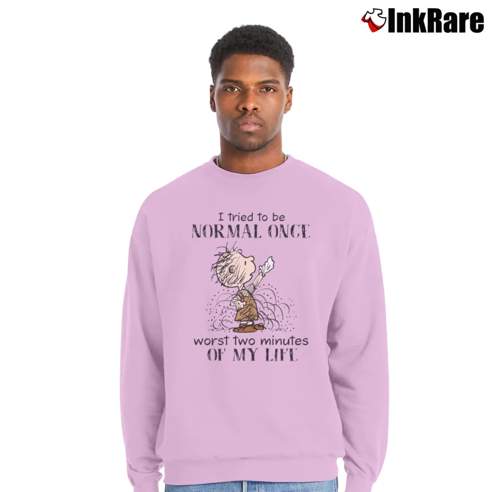 Men’s Peanuts Pigpen I Tried To Be Normal Once Worst Two Minutes Of My Life Crewneck Sweatshirt in light pink | Cozy Fabric, Clean Style