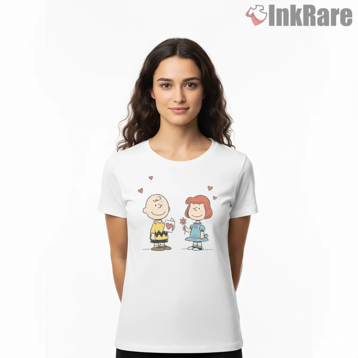 Peanuts Romantic Valentine Scene Shirt on white short sleeve shirt for women graphic tee