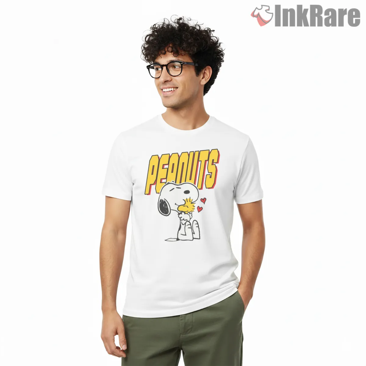 Peanuts Snoopy And Woodstock Classic Logo Shirt on white short sleeve shirt for men graphic tee