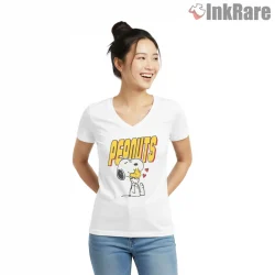 Peanuts Snoopy And Woodstock Classic Logo Shirt on white v-neck shirt for women graphic tee