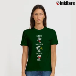 Women’s Peanuts Snoopy Charlie Brown Live Laugh Love Signature T-Shirt in forest green | Soft, Flattering Fit
