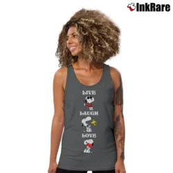 Women’s Peanuts Snoopy Charlie Brown Live Laugh Love Tank Top in charcoal | Lightweight, Movement-Friendly