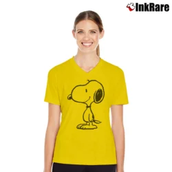 Women’s Peanuts Snoopy Charlie Brown Woodstock Retro V-Neck Tee in yellow | Chic Neckline, Soft Texture